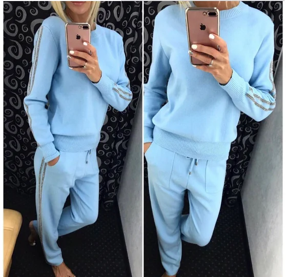 

Amolapha Women Sweater Tops Pants Suits Long Sleeve Shiner Gold-rimmed Knitted Pullover Trousers Sets