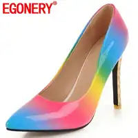 EGONERY spring new fashion mixed colors party women shoes patent leather 11 cm thin heels pointed toe slip-on pumps size 32-43