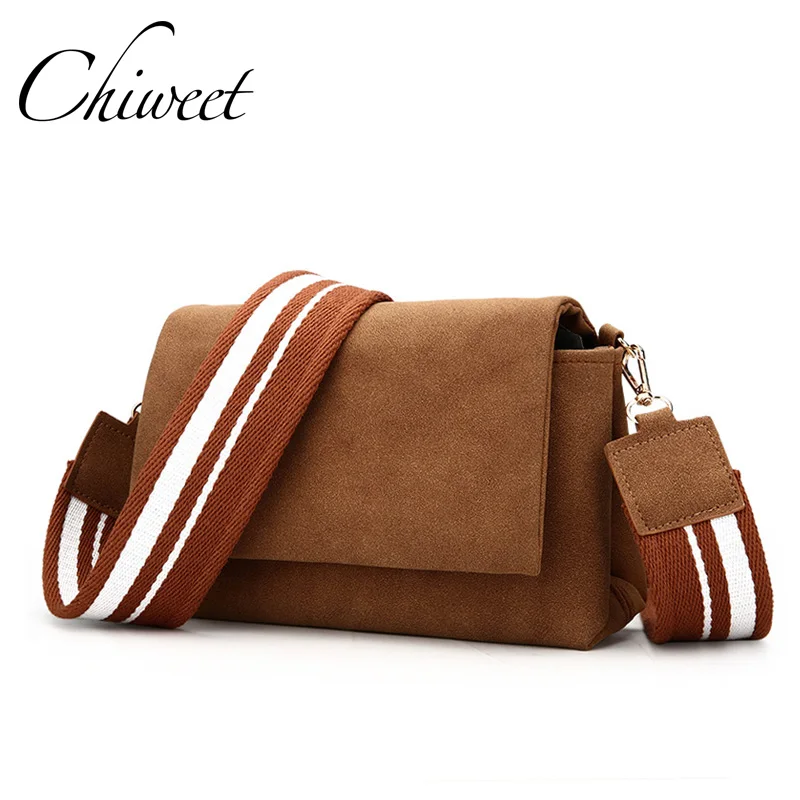 

Fashion 2018 Nubuck PU Leather Messenger Bag For Women Brand Striped Wide Strap Shoulder Bag Female Casual Solid Handbags Flap