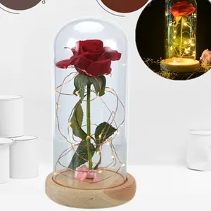 Rose LED Night Lamp String Light in a Glass Dome Wooden Base Valentine's Day Gifts Room Decor Battery Powered
