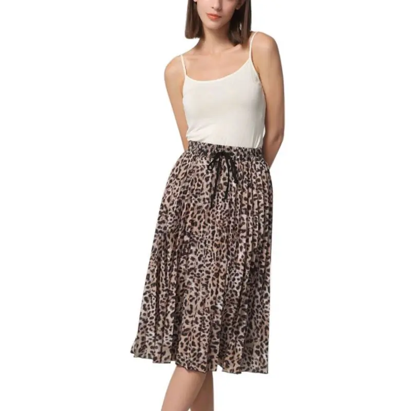 Юбка леопардовая плиссированная длинные юбки с принтом лук с высокой талией плиссированная повседневная юбка женская юбка XL Летняя женская