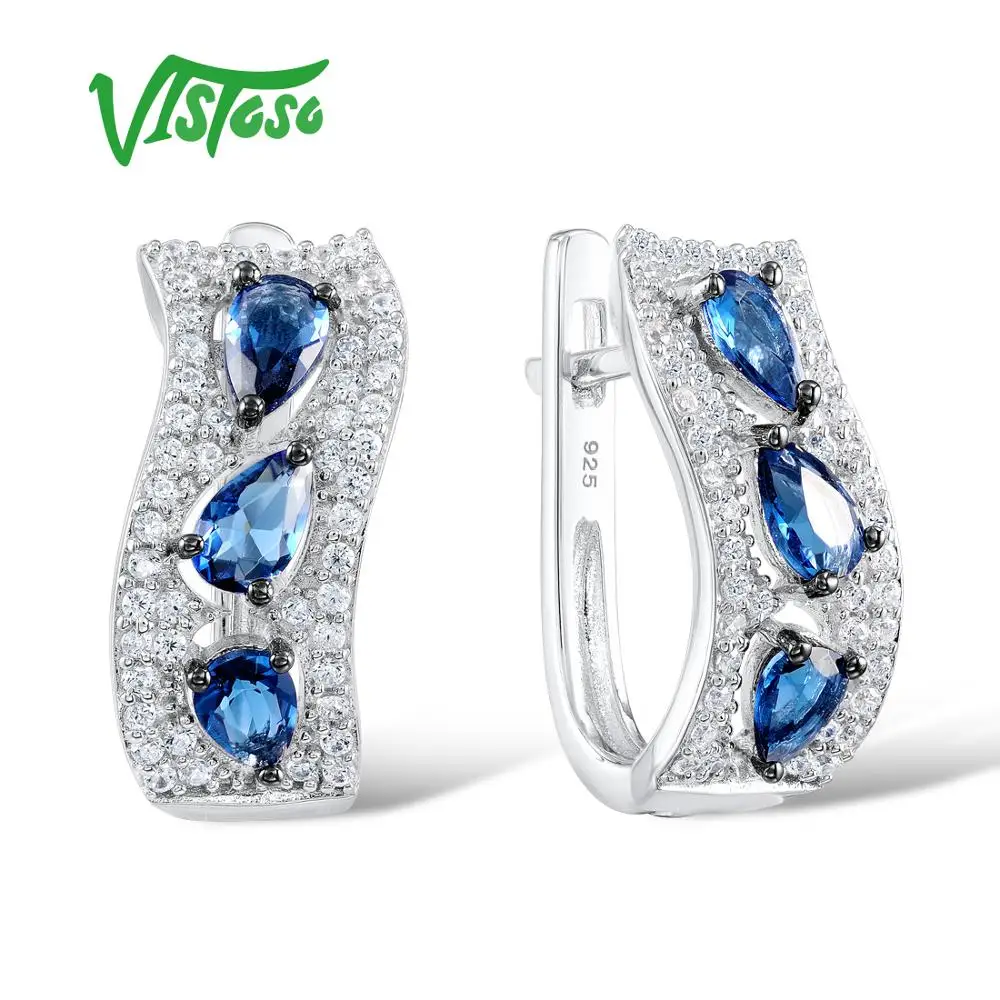 

VISTOSO Silver Earrings For Women 925 Sterling Silver Stud Earrings Silver 925 with Blue Stones Cubic Zirconia brincos Jewelry