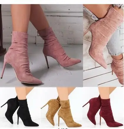 

XingDeng Spring Autumn Women Pointed Toe High Heels Boots Shoes Ladies Party Sexy Flock Zip Office Boots Plus Size 34-43