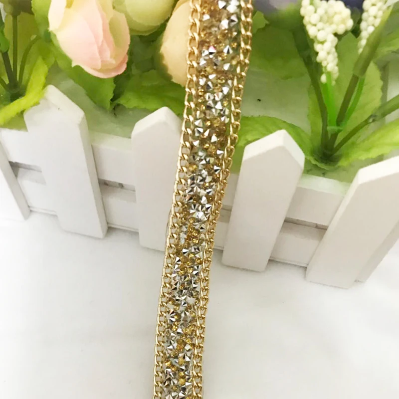 

1 Yard 15mm Sewing Iron On Gold metal chain Trim Crystal Motif Strass Hot Fix Rhinestone Ribbon Tape Applicator For Dresses