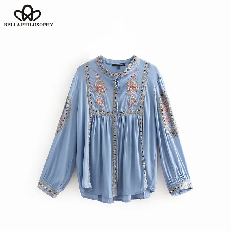 Wonder 2018 new women vintage stand collar totem floral embroidery pleats casual kimono blouse shirt women femininas blusas tops