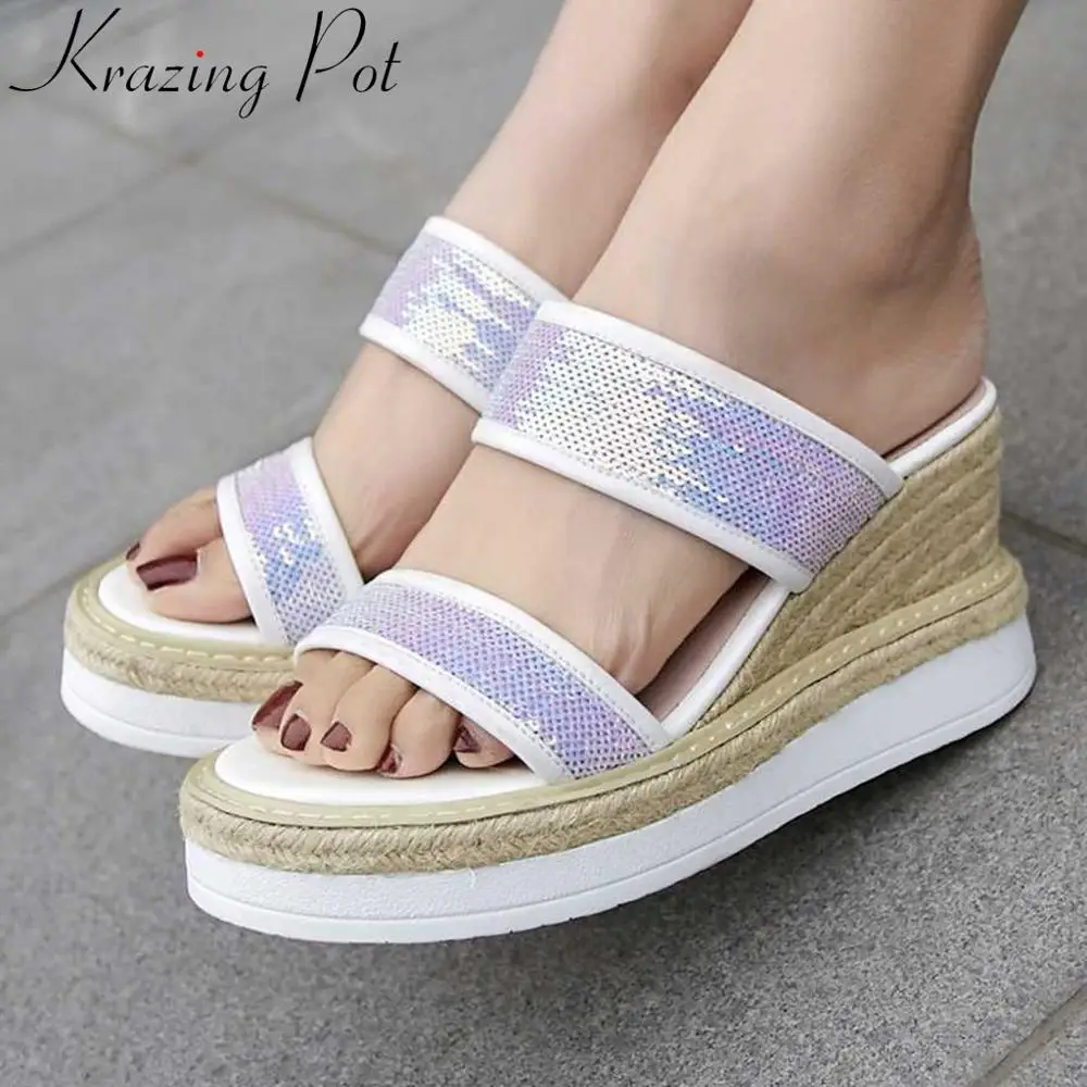 

Krazing pot colorful sequined cloth cow leather slip on mules women sandals straw super high heels increased gladiator shoes L01