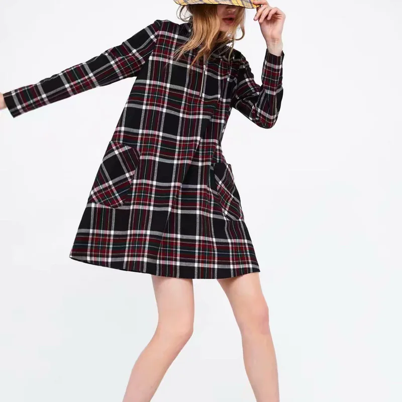 

ZA 2019 Spring Women Plaid Print Full Sleeve Loose Casual Mini Dress