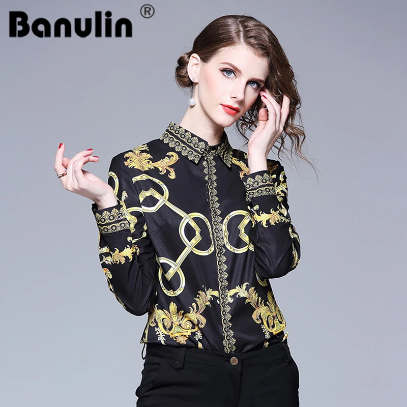 

Banulin 2018 Runway Women Blouse Chiffion Office Shirt Long Sleeve Printed Blouses Casual Spring Autumn Work Wear Shirts Tops