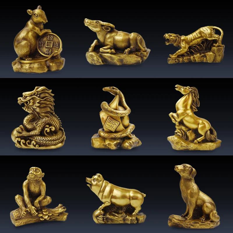 12pcs/lot Chinese Handmade Collection Ornaments Copper Brass Twelve Zodiac Animals Craft