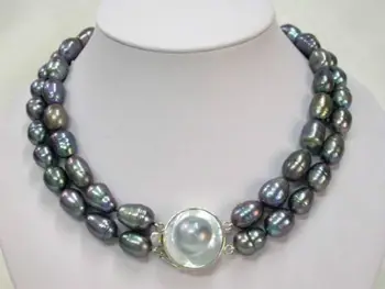 

Factory direct 2 Rows natural 9-10mm tahitian black pearl necklace Tahitian real natural baroque freshwater Cultured 925
