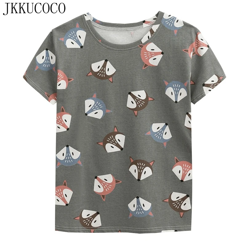 JKKUCOCO High quality Cotton T-shirt Fox Print Casual t shirt Women Shirt Short Sleeve Summer tees Newest Women Tops tee 3 Color