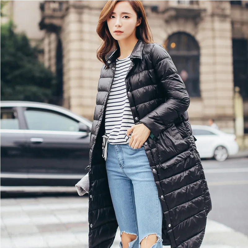 

Women Autumn Jacket Warm Duck Down Light Ultra-thin Style 2019 Spring Winter Ladies Long Coat Turn-down Collar Female Loose Coat