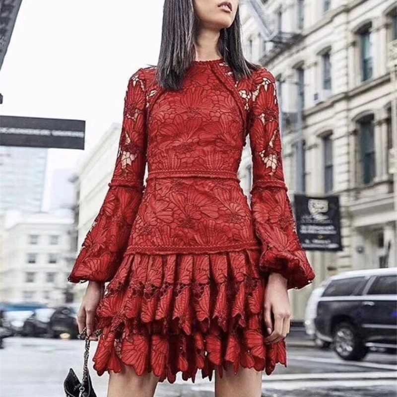 

High Quality Runway Designer Elegant Floral Embroidery Woman Red Mini Dress High Waist Hollow Out Female Short Dress Vestidos