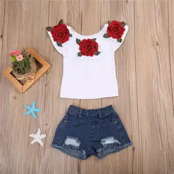 Летняя детская одежда для маленьких девочек 2019 г. футболка с цветочным принтом и открытыми плечами + джинсовые шорты, костюмы, костюм