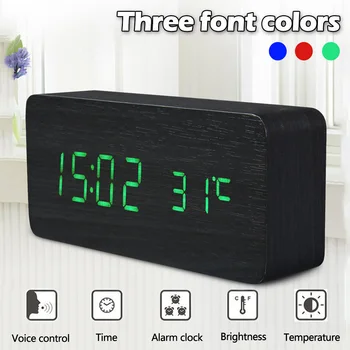 

Table Voice Control Digital LED Wooden Temperature Alarm Clock Watch Wood Despertador Electronic Desktop Clocks Table Decor