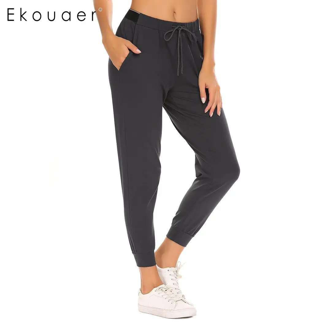 Ekoueaer для женщин Lounge пижамы хлопок брюки для девочек Длинные Эластичный шнурок талии укороченные мягкие повседневное пижам - изображение