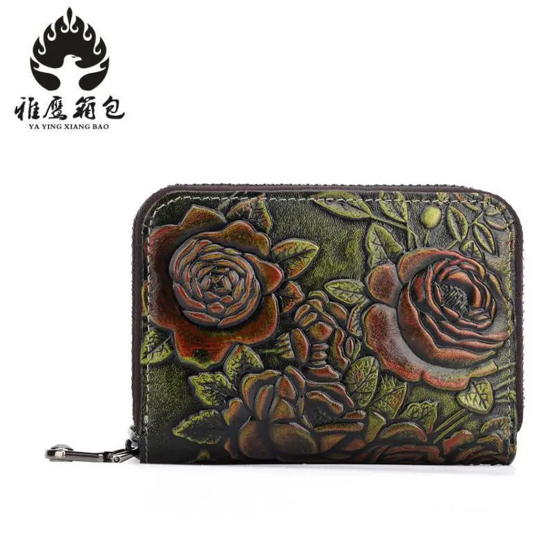 Genuine Leather Women Wallets Embossed Floral Short Purses Female Card