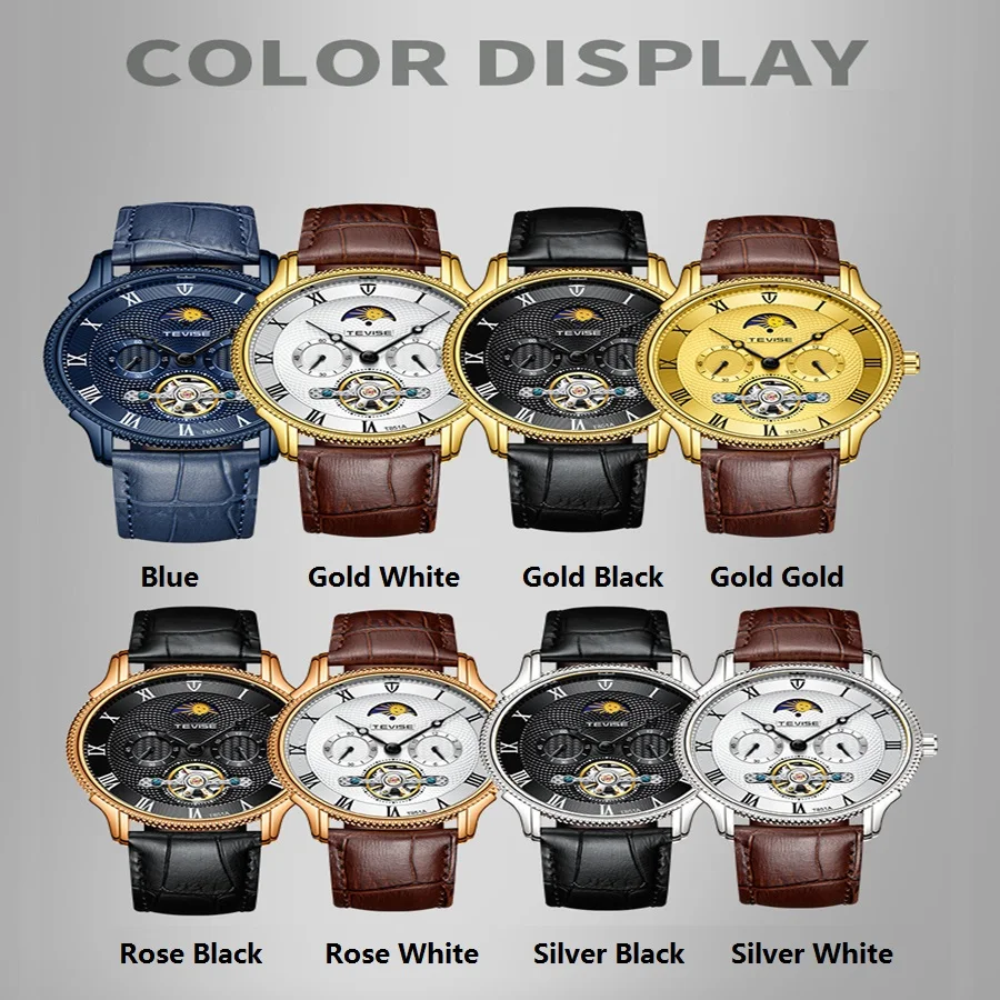 Tevise Waterproof Mechanical Watch Leather Strap Automatic Watches Men Luxury Brand Sport Tourbillon Mens Wrist Watches