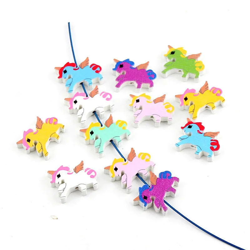

WD112(50), 23*17mm Cartoon Colorful Fly Horse Pattern Animal Wood Spacer Beads For Rattle Toys Pacifier Clip DIY Baby Jewelry