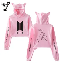 BTS Kawaii Print 2018 Album Love Yourself Tear Sexy Cat Crop Top Women Clothes Hoodies Tops Harajuku Kpop Plus Size A7102-A7104