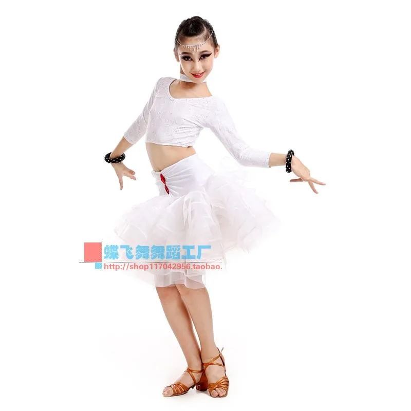Взрослый ребенок Костюмы для латиноамериканских танцев Танцевальный костюм старший кружева топ с длинными рукавами + короткая юбка 2 шт