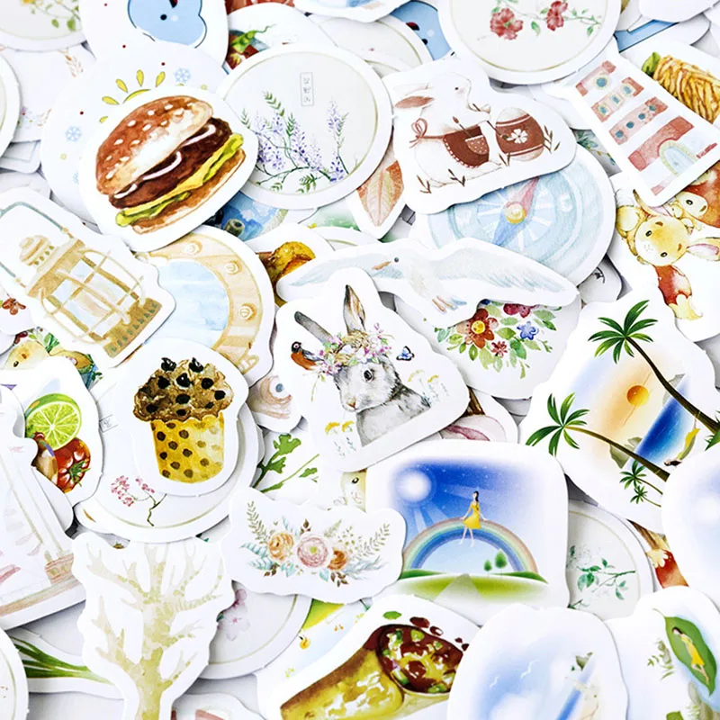 

45pcs/lot Stickers Cartoon Animals Stickers Plants Food Desserts Decorative Adhesive Stickers Scrapbooking Decoration Papeterie