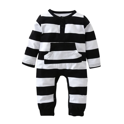 Модный милый комбинезон в полоску для маленьких мальчиков и девочек, цельный комбинезон с длинными рукавами, хлопковая одежда для новорожденных, костюм для младенцев - Цвет: Черный