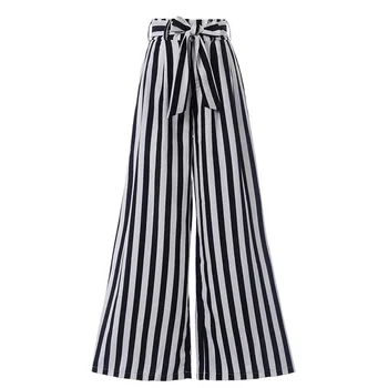 

Women Striped Wide Leg Pants Fashion New Summer High Waist Long Trousers Spring Loose Bow Knot Beach Casual Daily Pants Capris