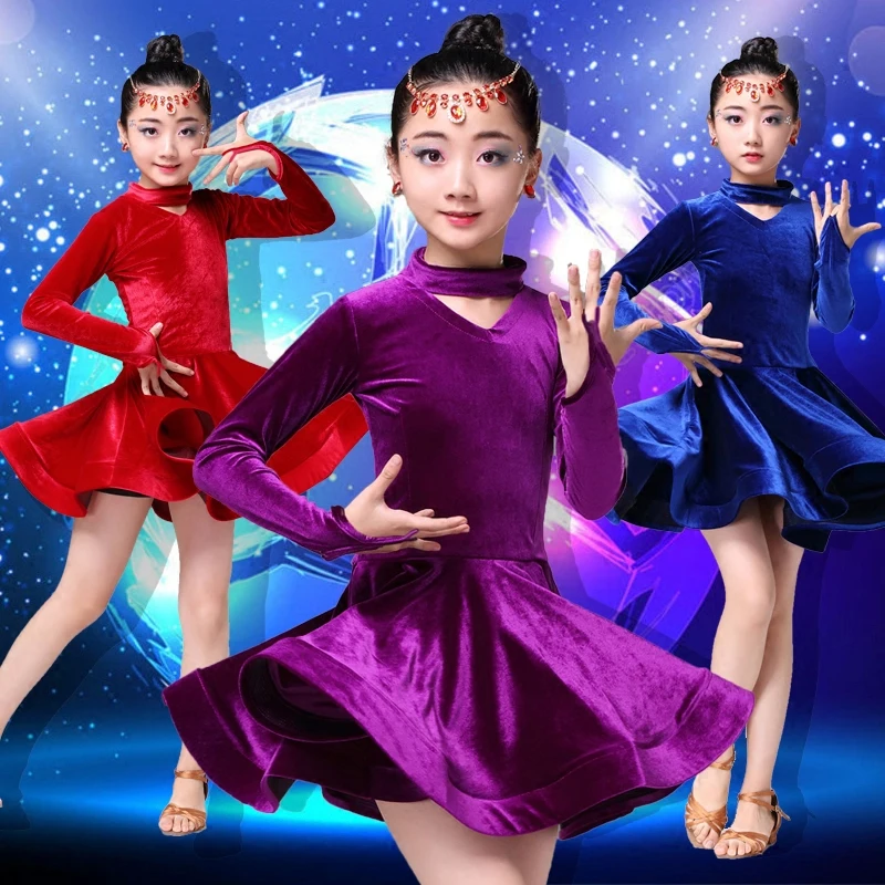Платье для латинских танцев для девочек; сезон осень-зима; платье для латинских танцев; бархатное платье с длинными рукавами для тренировок