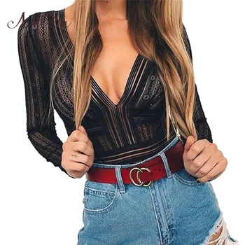 

ArtSu Backless Lace Women Sexy Bodysuit Streetwear V-neck Long Sleeve Hollow Out Black Bodycon Female Body Romper New ASJU41102