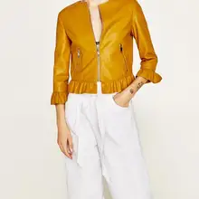 WISHBOP/Новинка года; горчичная куртка из искусственной кожи с круглым вырезом и рукавами 3/4; короткие куртки на молнии с оборками и карманами