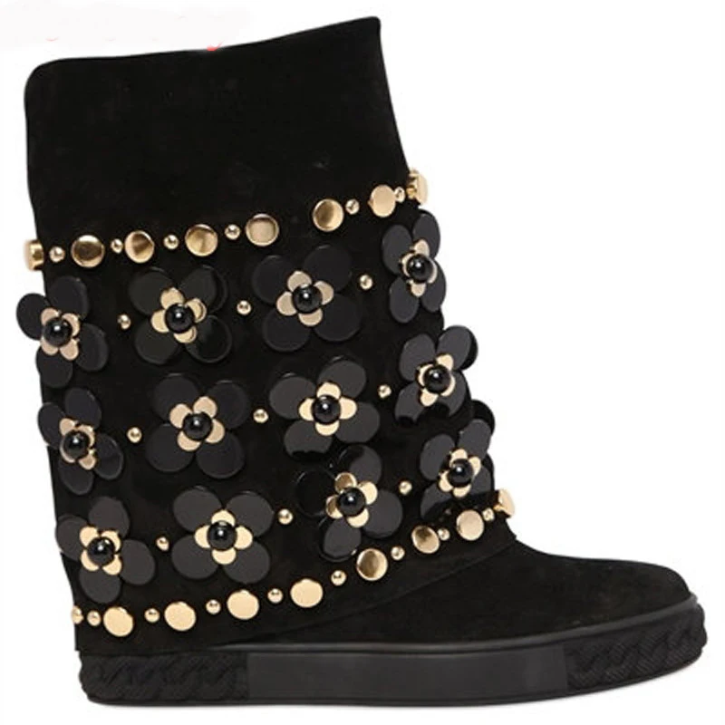 Daim Hauteur Noir Embelli Femmes Cheville Wedge D'hiver Dernière En Bottes Clouté Croissante Pour Floral Caché Svonces qCYwO0f