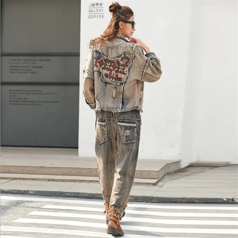 Корейские женские джинсовые куртки повседневные штаны женские джинсовые комплекты из двух предметов весенний спортивный костюм Женская одежда с цветочным принтом