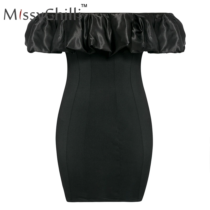 MissyChilli, сексуальное платье с оборками и открытыми плечами, женское, облегающее, черное, летние, вечерние, для клуба, элегантное платье, винтажное короткое платье vestidos - Цвет: Черный