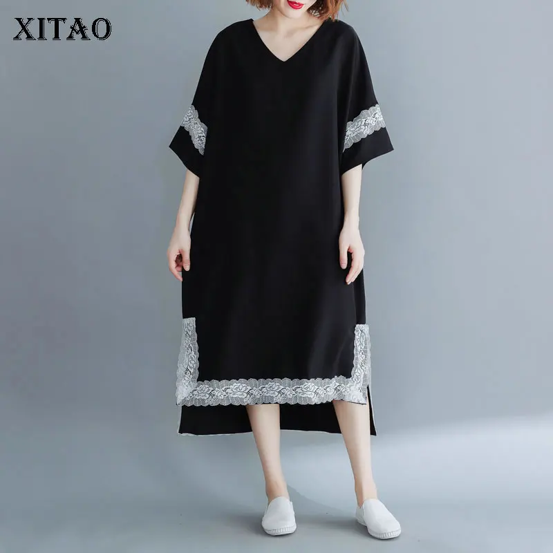

XITAO Lace Split Korea Midi Dress Women Fashion V Neck Patchwork 2019 Summer Pullover Wild Joker Irregular Elegant WBB4426