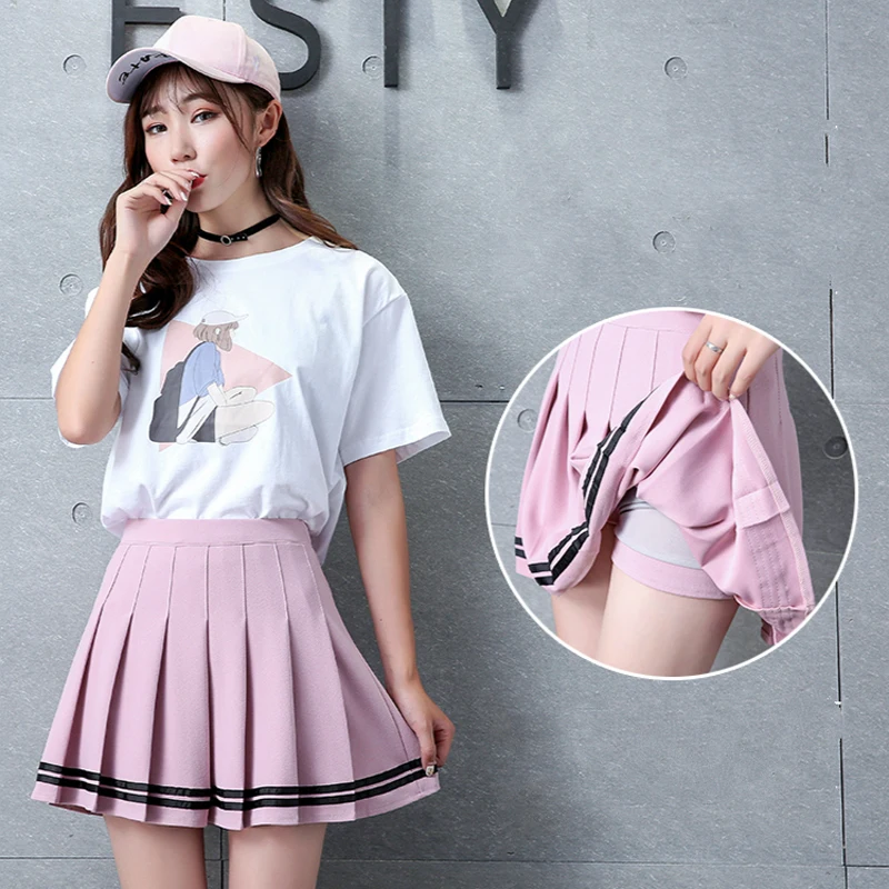 

XS-XXL Four Colors High Waist A-Line Women Skirt Striped Stitching Elastic Waist Student Pleated Skirt Cute Dance Girls Skirts