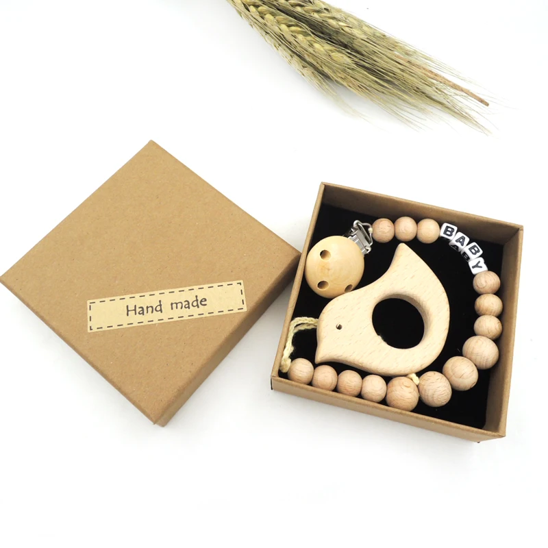 personalized baby name pacifier clip,bird shape beech pendent wood beads dummy chain wooden round teether,shower gift set NTS140