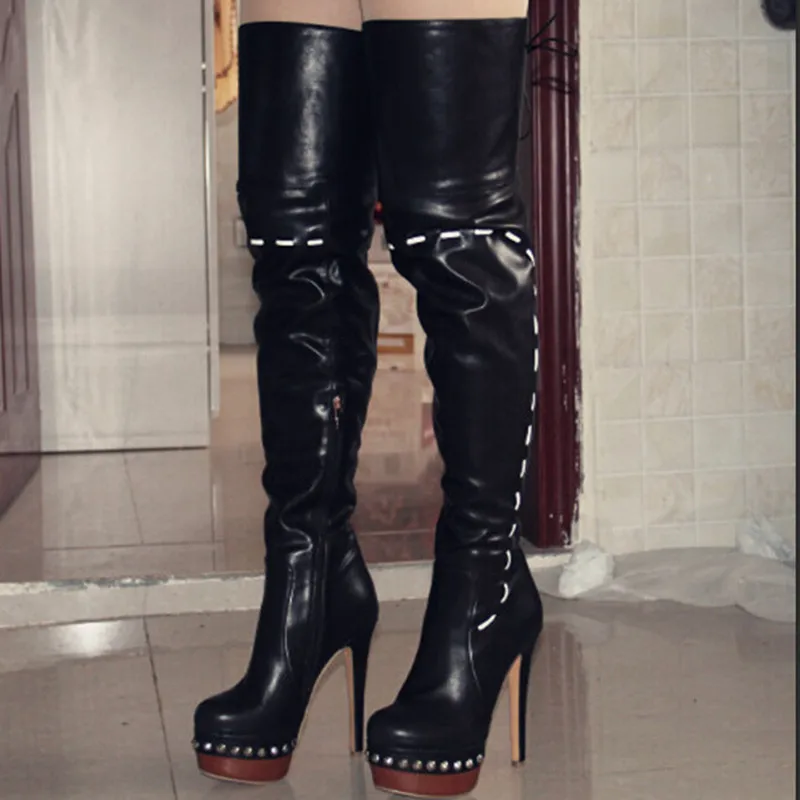 Original Intention Sexy Women Over the Knee Boots Platform Round Toe Thin Heels Boots Black Shoes Woman US Size 4-10.5