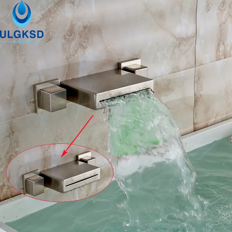 

Ulgksd Brushed Nickle LED Change Basin Faucet Water Tap Wall Mount Waterfall Spout Bathroom Faucet Hot and Cold Sink Mixter Tap