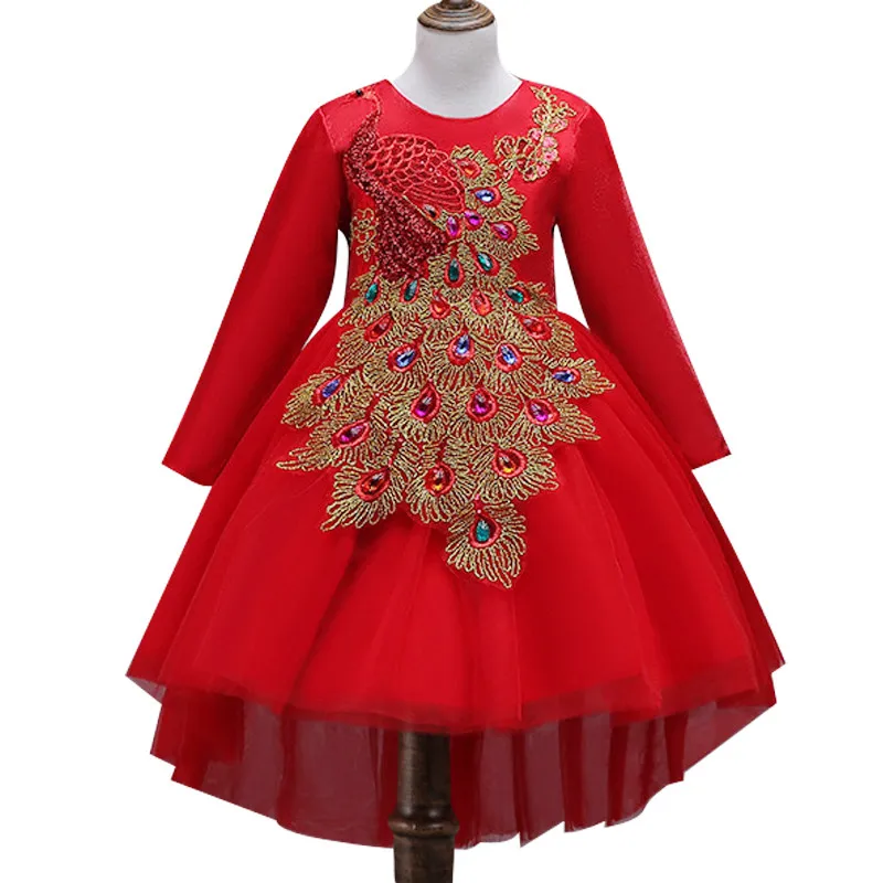 

2018 New Red Autumn Winter Peacock Flower Girls Wedding Dress Kids Baby Children Embroidery Costumes Princess Teenagers Clothes