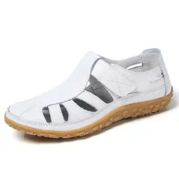 

Women Gladiator Sandals Genuine Leather Hollow out Flat white Sandals Ladies Casual Soft bottom Summer Shoes Women Beach Sandal