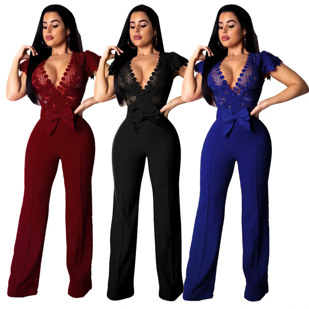 Women's Lace Hollow Out Deep V-neck High Waist Sexy Rompers Womens Jumpsuit  Fashion Nova Woman
