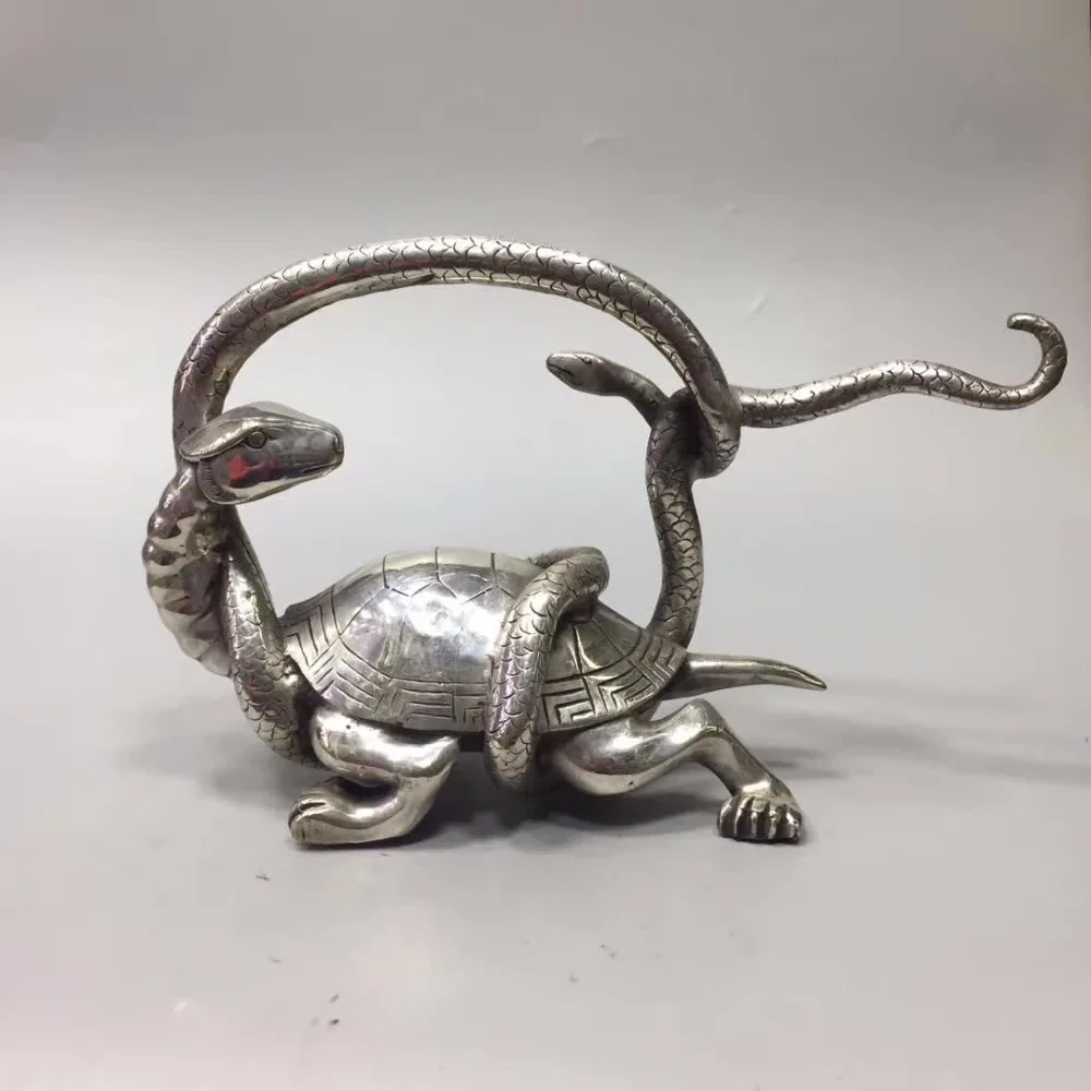 

Collection tibet silver Turtle statue,Home/office desk decoration Feng shui Turtle and snake fight sculpture Metal crafts