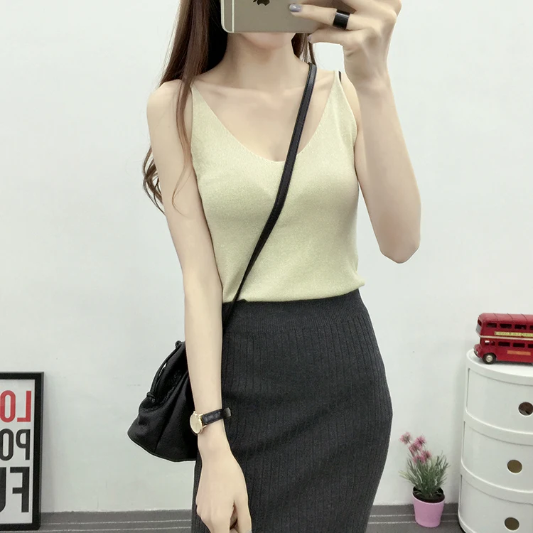 Для женщин глубоким v-образным вырезом Glitter Knit Tank Top