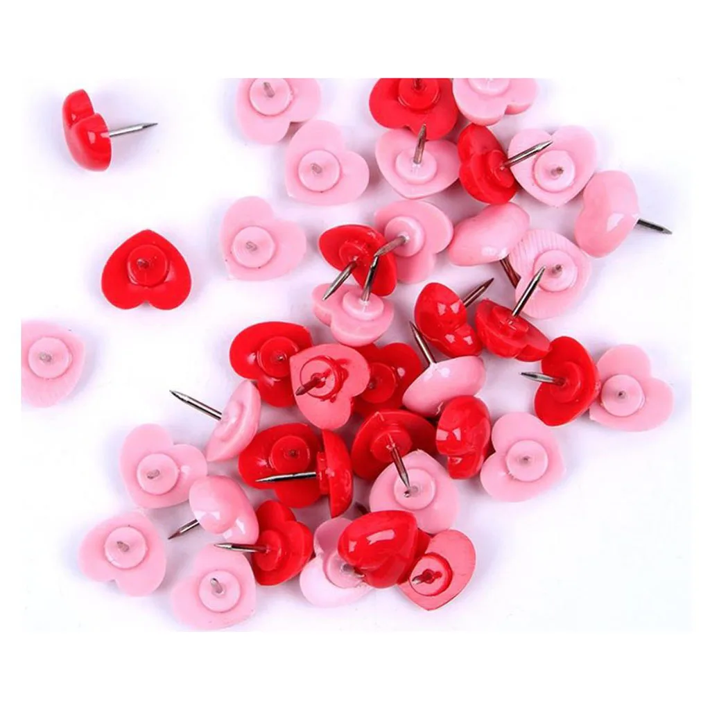 50pcs Heart Shape Head Push Pins Drawing Pins Office Thumbtack Notice Board Pins for Office Supplies