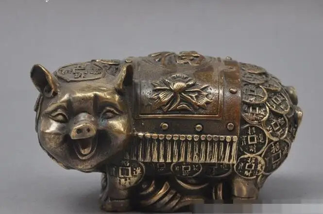 

S00070 old china fengshui bronze copper wealth Coins pig Swine Porcine lucky statue B0403