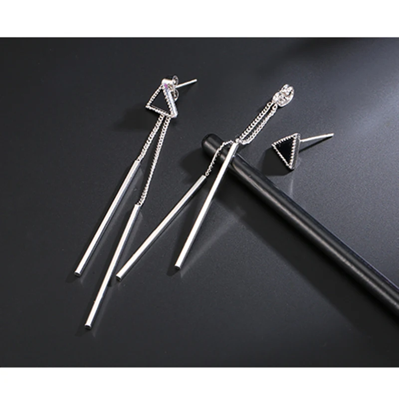 

SUKI S925 Black Enamel Triangle Stud Earring Long Tassel Stick Pendant Borlas Para Bisute Earrings Fashion Jewelry for Women