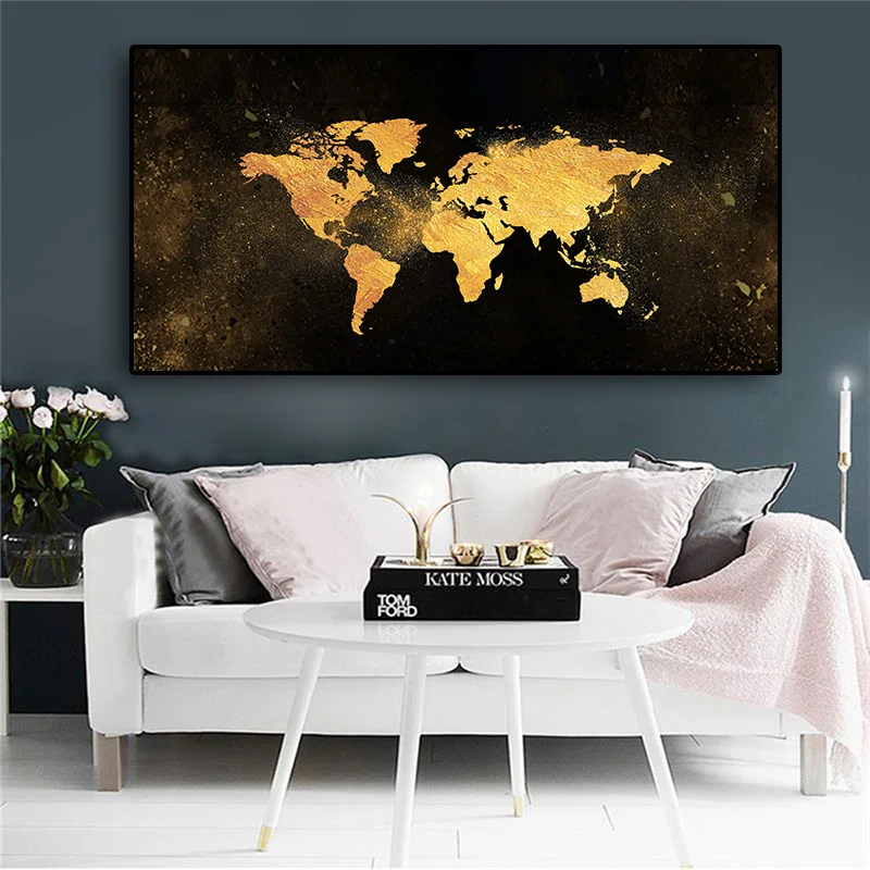 Modern Black and Gold World Map Abstract Canvas Painting Scandinavian Posters Prints Wall Art Picture for Living Room Decor | Дом и сад