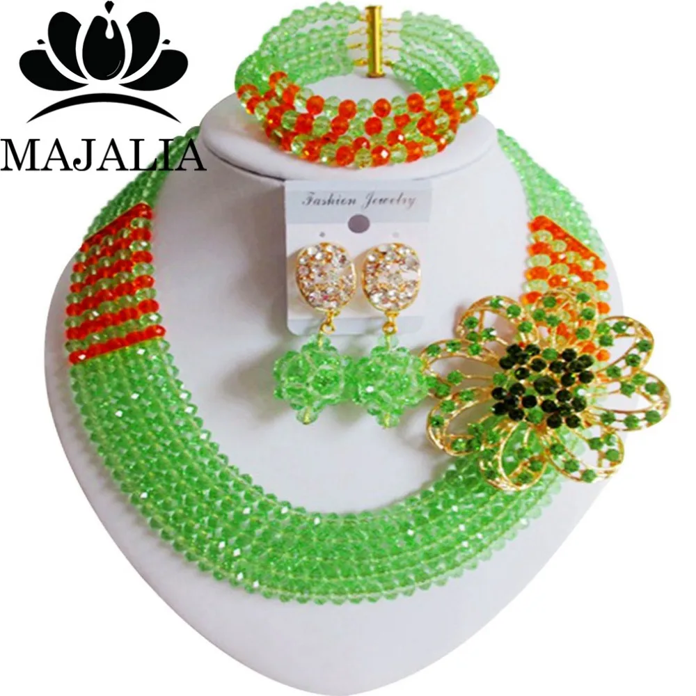 

Trendy Light Green Nigerian wedding African beads jewelry set crystal necklace bracelet earrings 1004