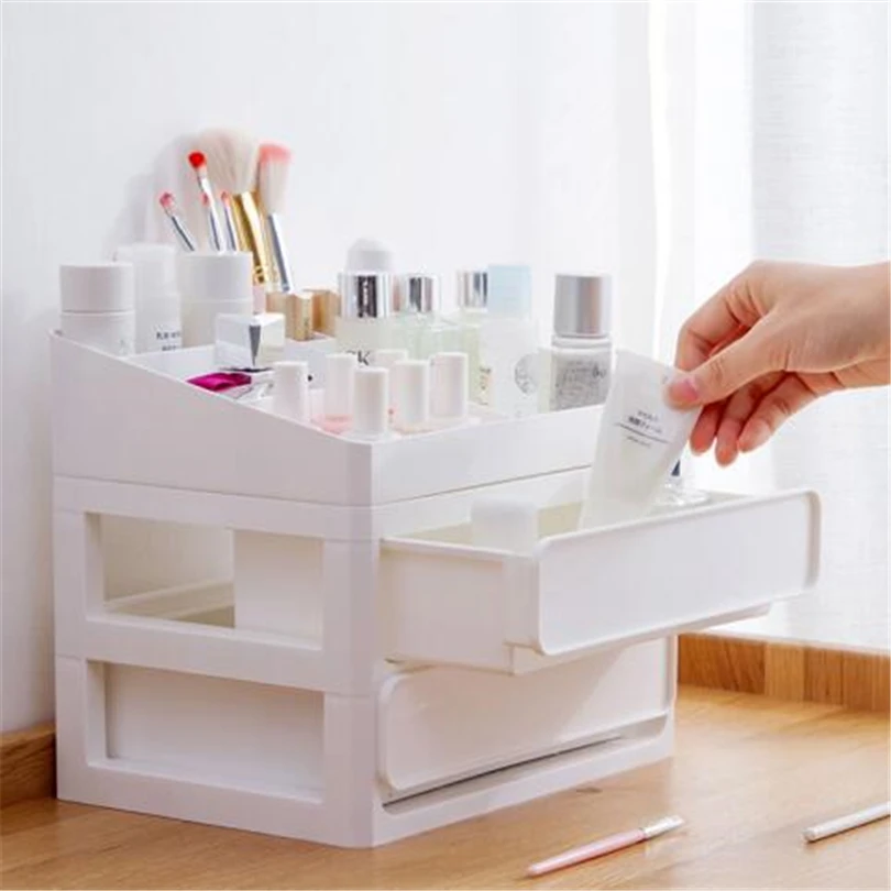 

White Pink Plastic Cosmetic Drawer Makeup Organizer Makeup Storage Box Container Nail Casket Holder Desktop Sundry Storage Case